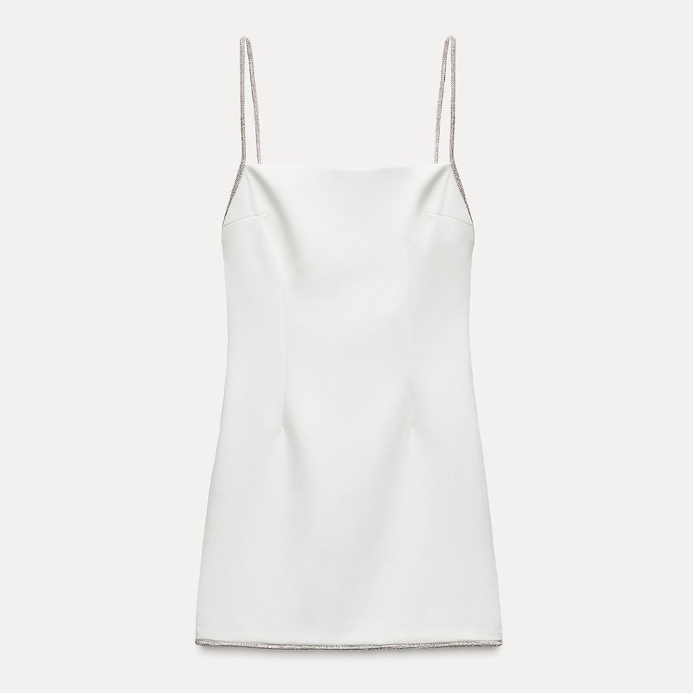 Zara White Short Dress With Rhinestones